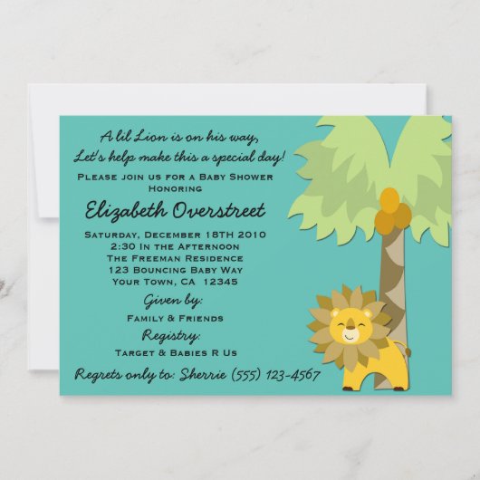 ジャングルキングライオンティール(緑がかった色)ボーイベビーシャワー動物園サファリ 招待状 (正面)