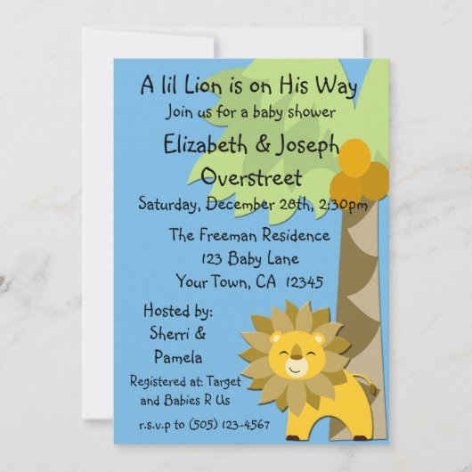 ジャングルキングライオンブルースカイベビーシャワー動物園サファリ 招待状 (正面)