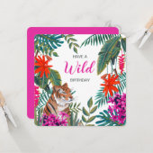 ジャングルグリーンとピンクの野生のトロピカルバースデータイガー カード (正面/裏面インサイチュ)