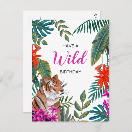 ジャングルグリーンとピンクの野生のトロピカルバースデータイガー ポストカード (正面/裏面)