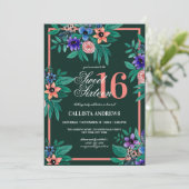 ジャングルグリーンコーラルピンクフローラ水彩甘い16 招待状 (スタンド正面)