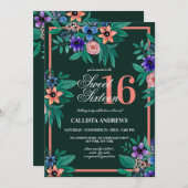 ジャングルグリーンコーラルピンクフローラ水彩甘い16 招待状 (正面/裏面)