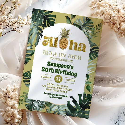 ジャングルグリーンリートロピカルアロハパイナップル誕生日 招待状