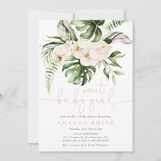 ジャングルグリーンリーピンクフローラ甘い女の子ベビーシャワー 招待状 (正面)