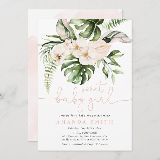 ジャングルグリーンリーピンクフローラ甘い女の子ベビーシャワー 招待状 (正面/裏面)