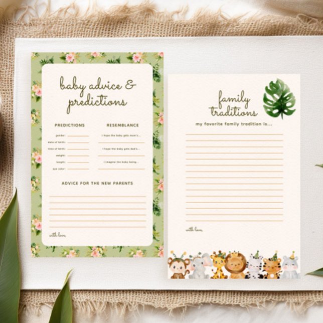 ジャングルグリーン熱帯赤ちゃんシャワー予測ゲーム (fun baby shower games: family traditions + advice & predictions. Tropical leaves and safari animals)