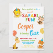 ジャングルサファリおもしろい1st誕生日パーティージャングルアニマル 招待状 (正面)