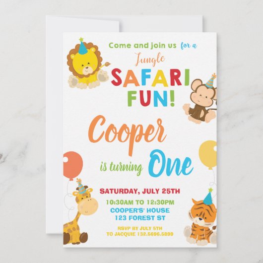 ジャングルサファリおもしろい1st誕生日パーティージャングルアニマル 招待状 (正面)