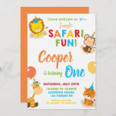 ジャングルサファリおもしろい1st誕生日パーティージャングルアニマル 招待状 (正面/裏面)
