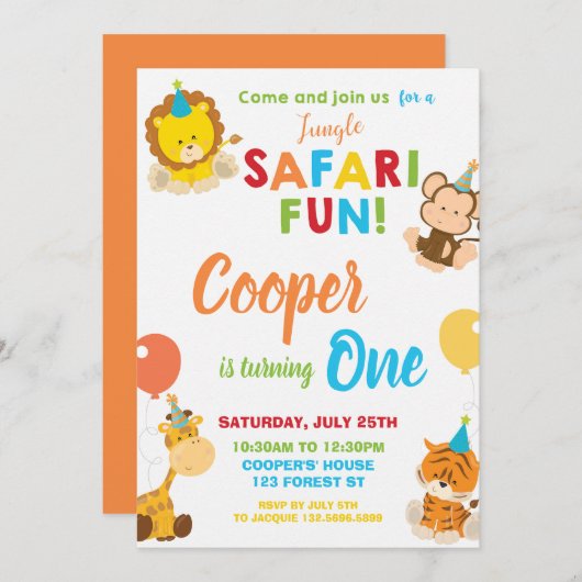 ジャングルサファリおもしろい1st誕生日パーティージャングルアニマル 招待状 (正面/裏面)