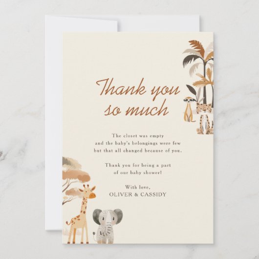 ジャングルサファリお洒落ー動物の男の子の赤ちゃんシャワー サンキューカード (正面)