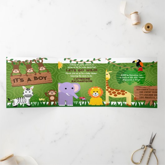 ジャングルサファリかわいい動物ワイルドワンベビーシャワー 三つ折り招待状 (内部)