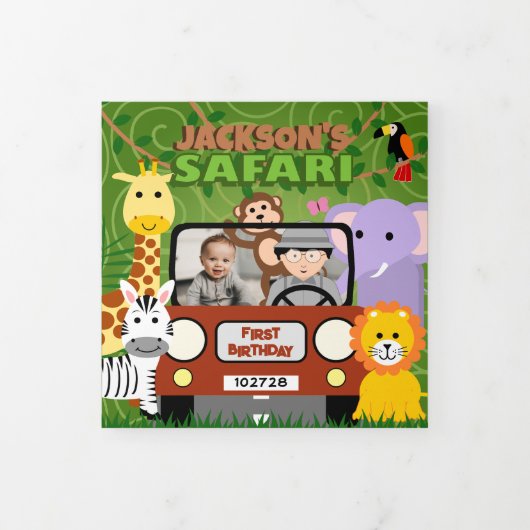 ジャングルサファリかわいい動物ワイルドワン子供の誕生日 三つ折りカード (カバー)