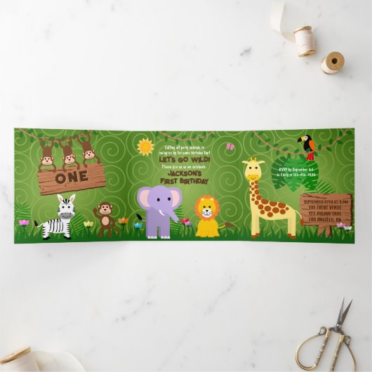 ジャングルサファリかわいい動物ワイルドワン子供の誕生日 三つ折りカード (内部)