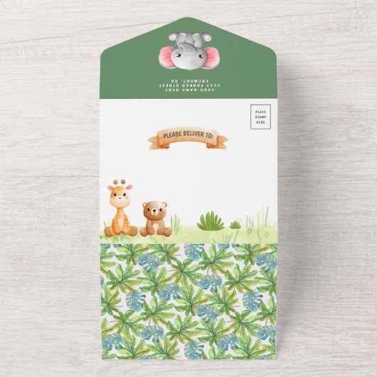 ジャングルサファリかわいい野生動物の少年の赤ちゃんシャワー オールインワン招待状 (外側)