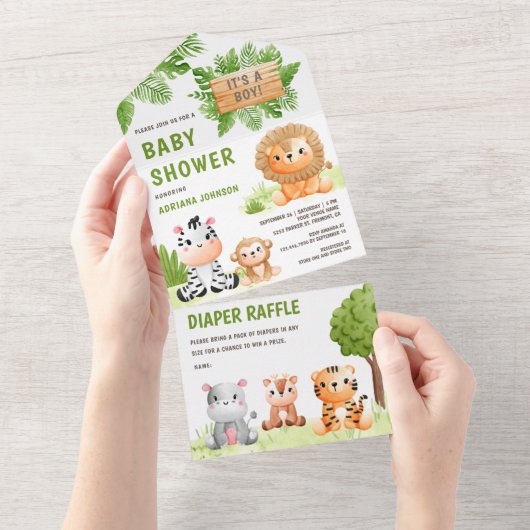 ジャングルサファリかわいい野生動物の少年の赤ちゃんシャワー オールインワン招待状 (貼ってはがせる)