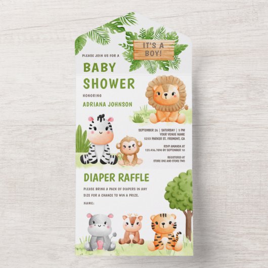 ジャングルサファリかわいい野生動物の少年の赤ちゃんシャワー オールインワン招待状 (内側)