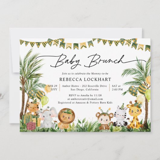 ジャングルサファリで愛らしい赤ちゃん動物ベビーブランチ 招待状 (正面)