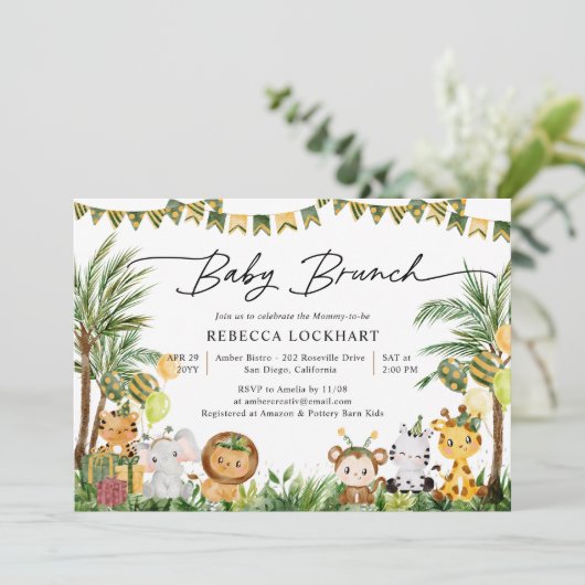 ジャングルサファリで愛らしい赤ちゃん動物ベビーブランチ 招待状 (スタンド正面)