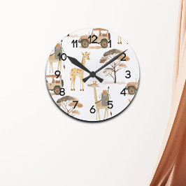 ジャングルサファリとジャラフェス子供部屋柄 ラウンド壁時計