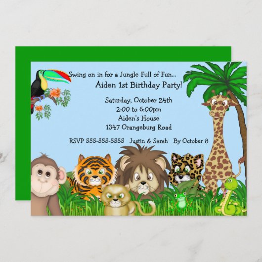 ジャングルサファリのおもしろいのBirthayのパーティー 招待状 (正面/裏面)