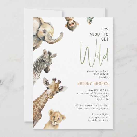 ジャングルサファリのベビーシャワー「野生を手に入れようとしている」 招待状 (正面)
