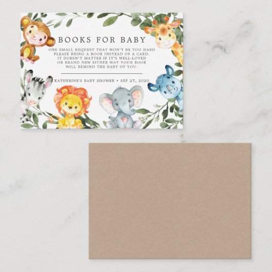 ジャングルサファリのベビー赤ちゃんシャワーカード用の本 エンクロージャーカード (正面/裏面)