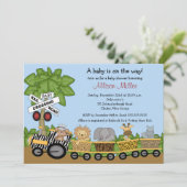 ジャングルサファリの列車の中立ベビーシャワーの招待状 招待状 (スタンド正面)