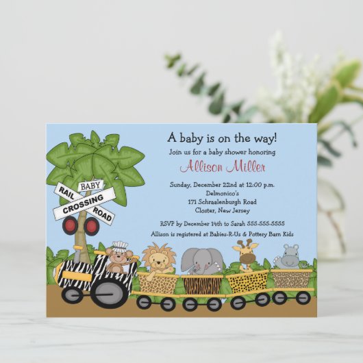 ジャングルサファリの列車の中立ベビーシャワーの招待状 招待状 (スタンド正面)