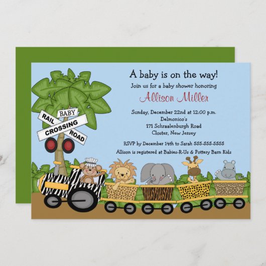 ジャングルサファリの列車の中立ベビーシャワーの招待状 招待状 (正面/裏面)
