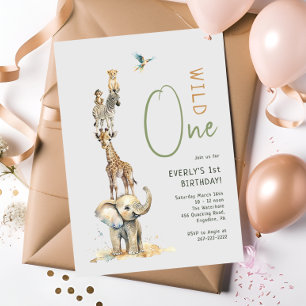 ジャングルサファリの動物たち「ワイルドワン」子供の誕生日 招待状