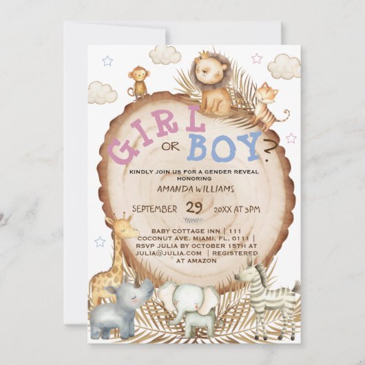 ジャングルサファリの動物のボーホジェンダーが明らかにする 招待状 (正面)