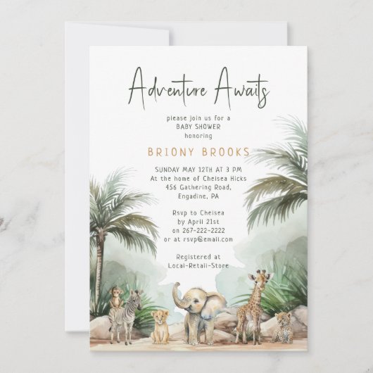 ジャングルサファリの動物の冒険が赤ちゃんシャワーを待つ 招待状 (正面)