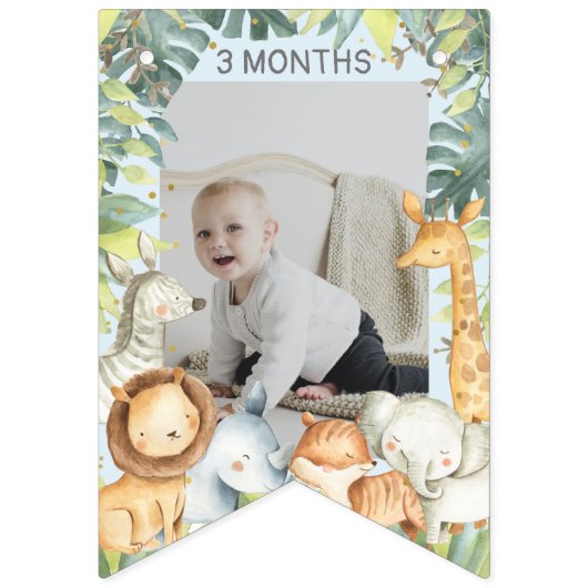 ジャングルサファリの動物の男の子1歳の誕生日の青い写真 バンティングフラッグ (第2の旗)