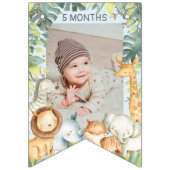 ジャングルサファリの動物の男の子1歳の誕生日の青い写真 バンティングフラッグ (第1の旗)