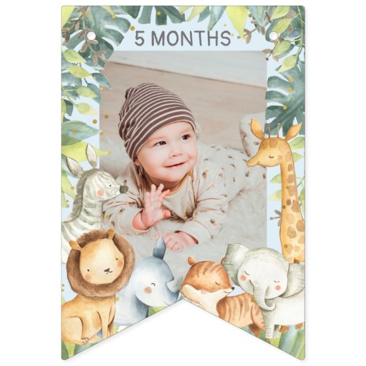 ジャングルサファリの動物の男の子1歳の誕生日の青い写真 バンティングフラッグ (第1の旗)