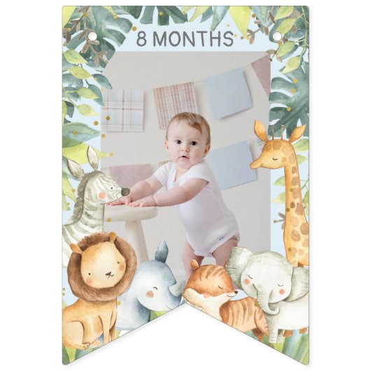 ジャングルサファリの動物の男の子1歳の誕生日の青い写真 バンティングフラッグ (第3の旗)