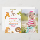 ジャングルサファリの動物の誕生日のパーティの招待状 招待状 (正面/裏面)