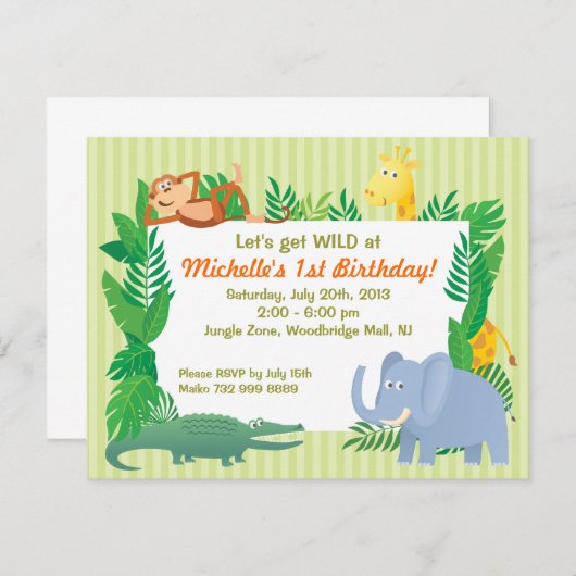 ジャングルサファリの動物園のテーマの誕生日の招待状カード 招待状 (正面/裏面)