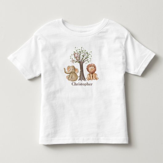 ジャングルサファリの動物 ライオン モンキー 名入れ トドラーTシャツ (正面)