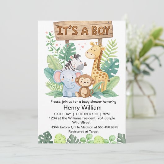 ジャングルサファリの少年の動物男の赤ちゃんシャワー 招待状 (スタンド正面)