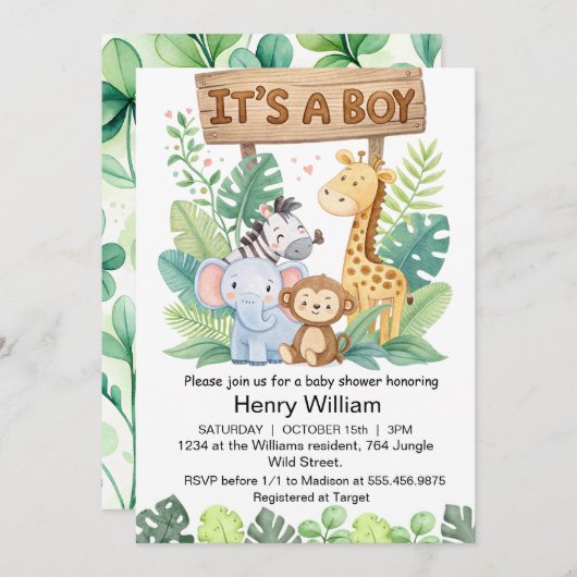 ジャングルサファリの少年の動物男の赤ちゃんシャワー 招待状 (正面/裏面)