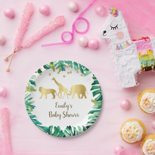 ジャングルサファリの紙皿のベビーシャワーの緑金ゴールド ペーパープレート (パーティー)