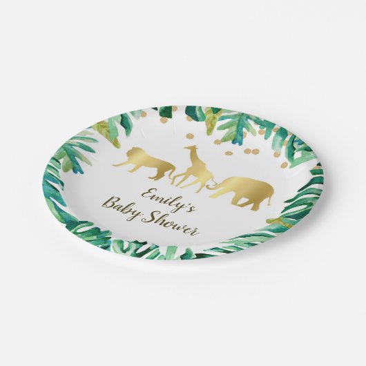 ジャングルサファリの紙皿のベビーシャワーの緑金ゴールド ペーパープレート (アングル)