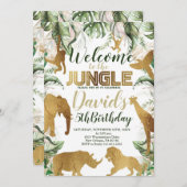 ジャングルサファリの誕生日パーティー，ジャングル動物 招待状 (正面/裏面)