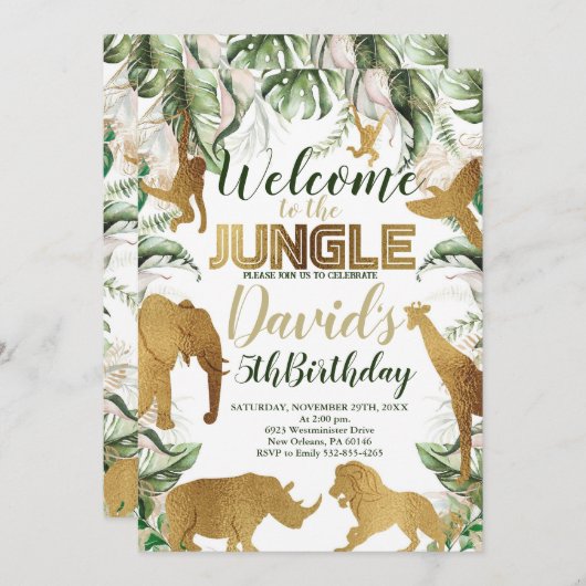 ジャングルサファリの誕生日パーティー，ジャングル動物 招待状 (正面/裏面)