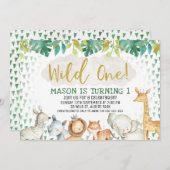 ジャングルサファリの野生の1匹の第1誕生日の招待状 招待状 (正面/裏面)
