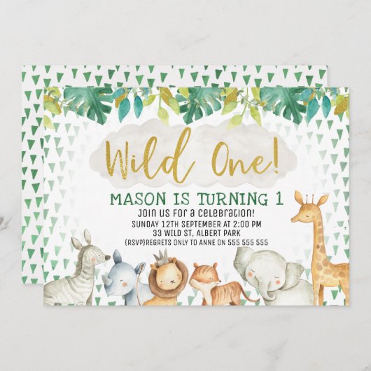 ジャングルサファリの野生の1匹の第1誕生日の招待状 招待状 (正面/裏面)