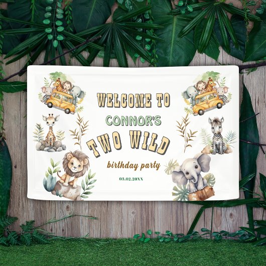 ジャングルサファリの野生動物2歳の誕生日バナー 横断幕