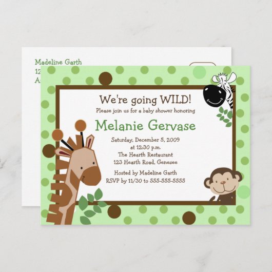 ジャングルサファリアドベンチャーグリーンベビーシャワー招待状 インビテーションポストカード (正面/裏面)